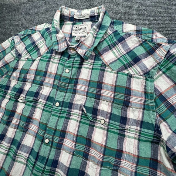Lucky Brand Western Pearl Snap Button Shirt Mens XL Green Plaid Linen Blend - Picture 4 of 9